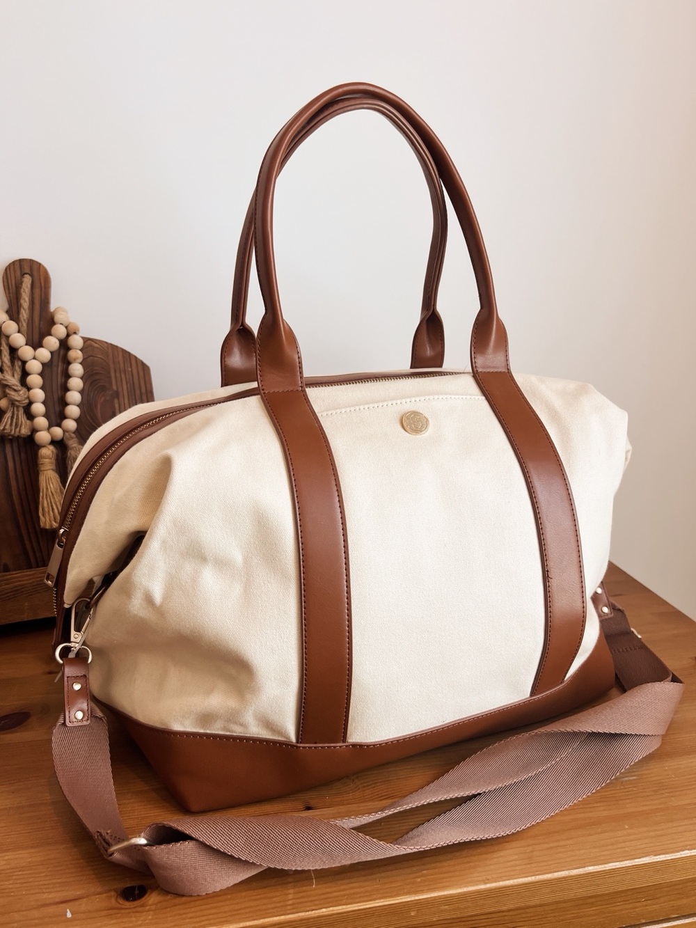 Canvas Weekender Bag with Brown Leather Trim - Brand: